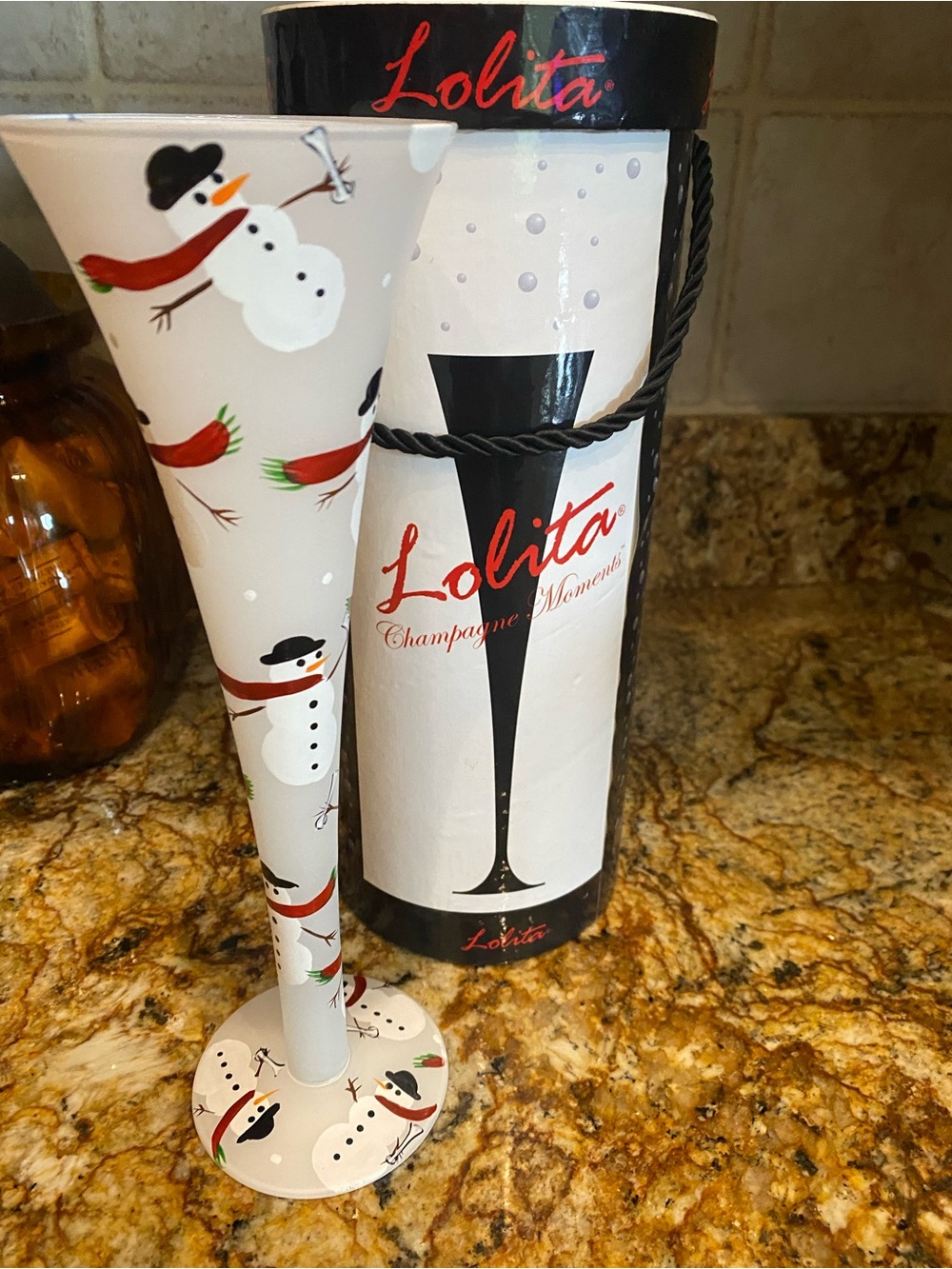 Lolita White Snowman Champagne Flute with Red Accents